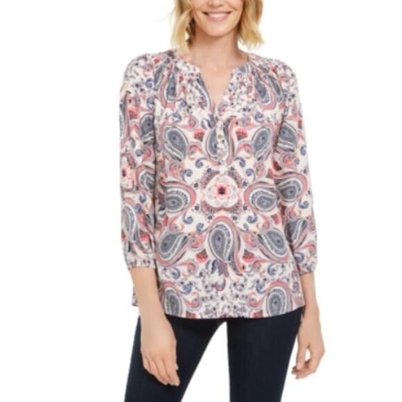 Charter Club White Multi Paisley Woven Shirred V-Neck Popover Top Medium NWT - Picture 1 of 16